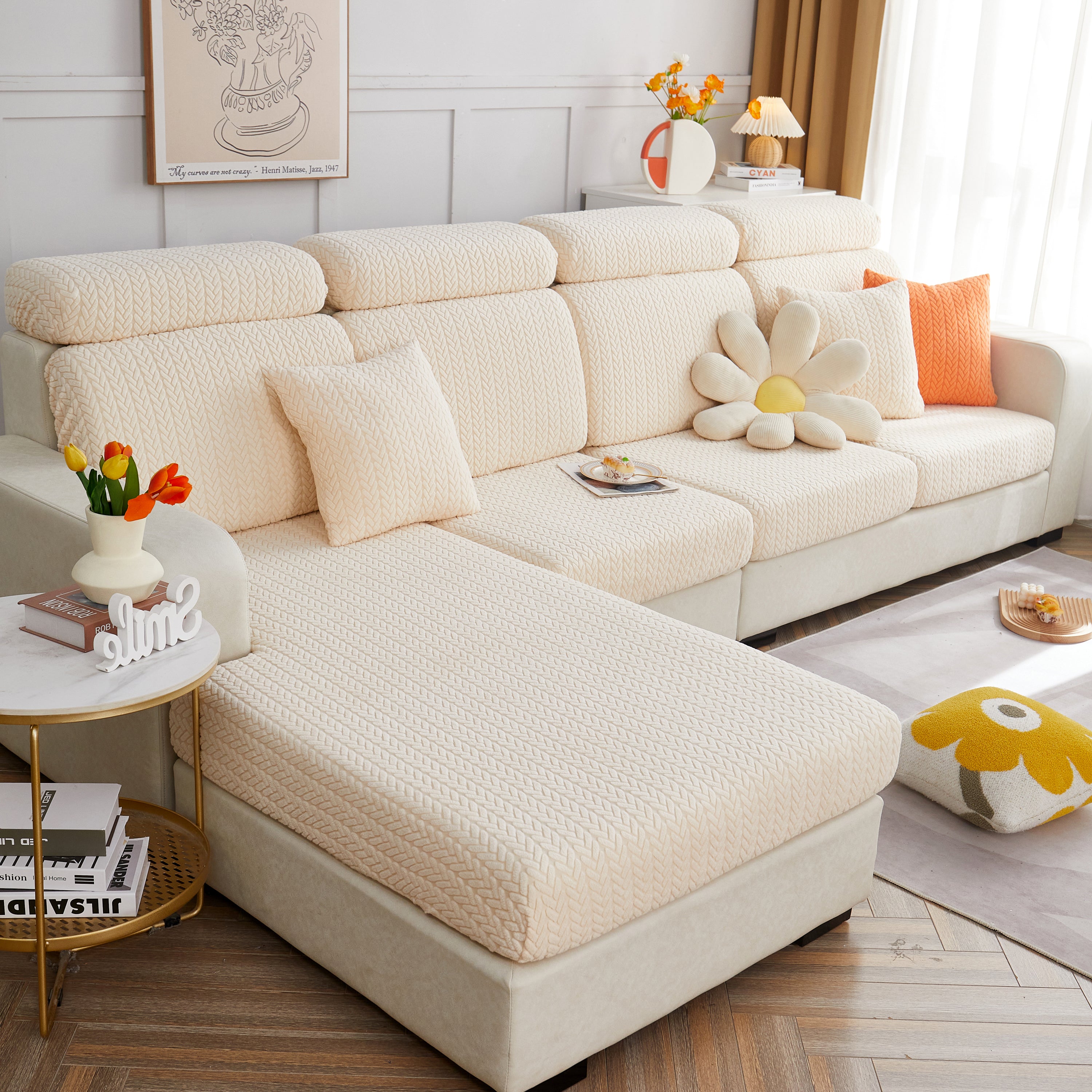 Bank met FancySofas Rustic bankhoezen in de kleur Ivory Beige, machinewasbaar, strak en stijlvol, bedekt de hele bank.