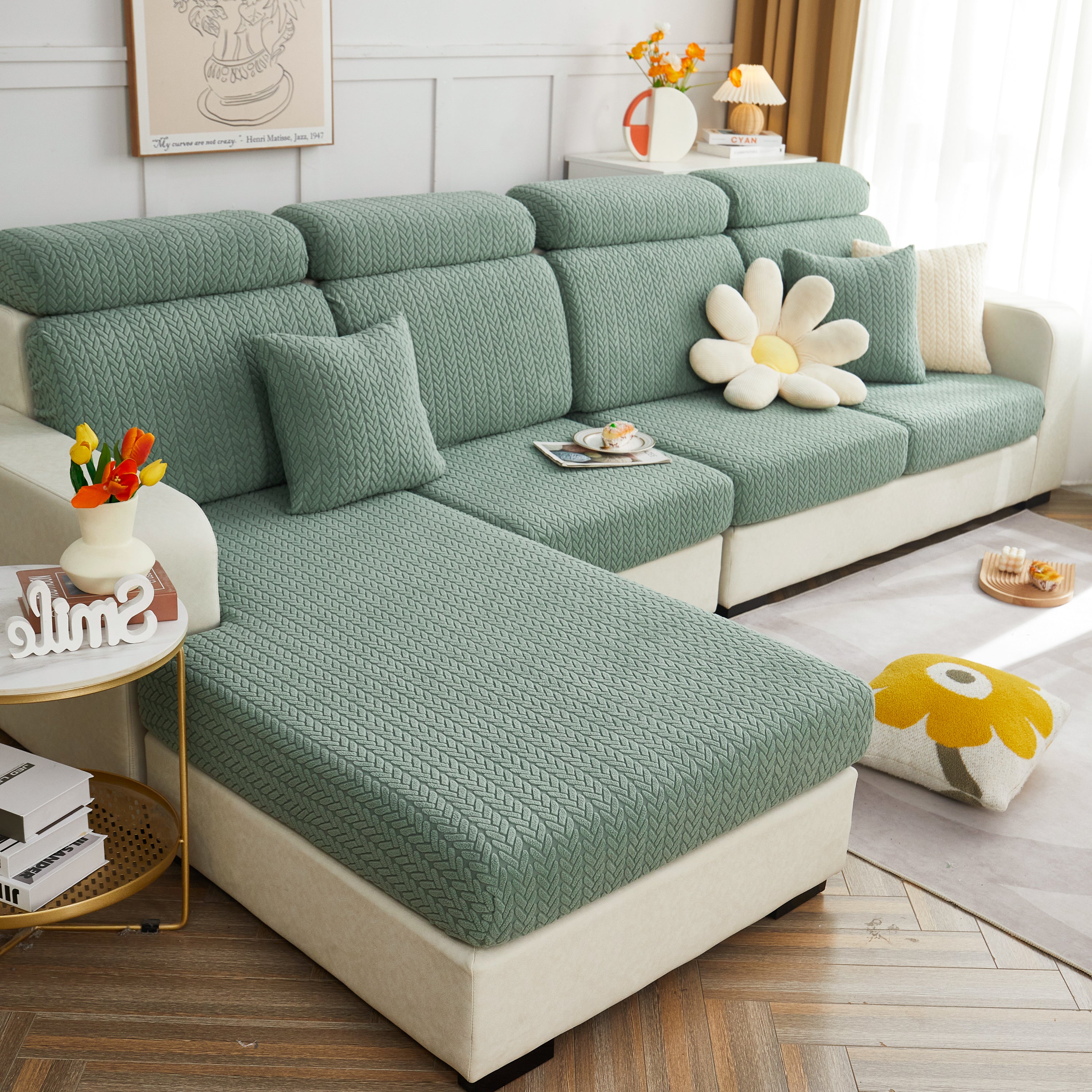 Bank met FancySofas Rustic bankhoezen in de kleur Olive Green, machinewasbaar, strak en stijlvol, bedekt de hele bank.